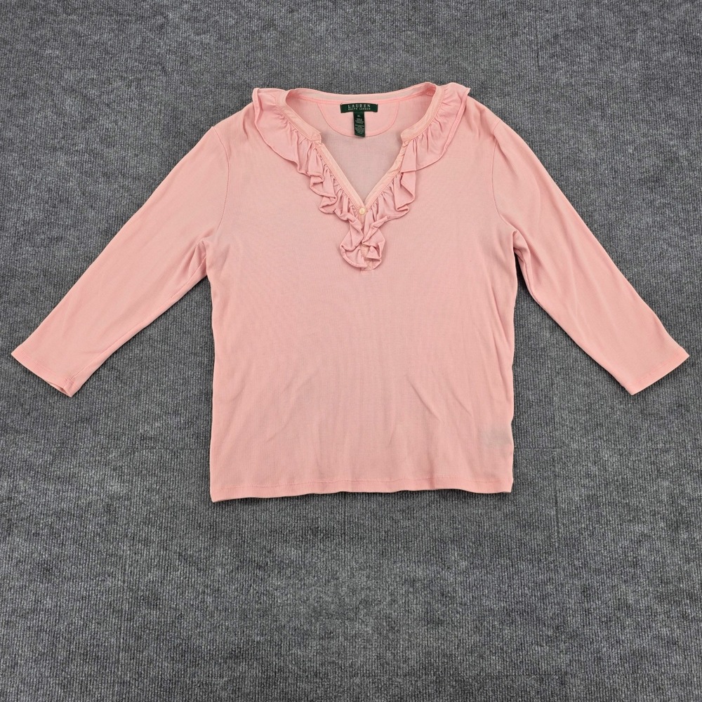 Lauren Ralph Lauren Pink Ruffle V-Neck Ribbed Cotton Top XL 3/4 Sleeve